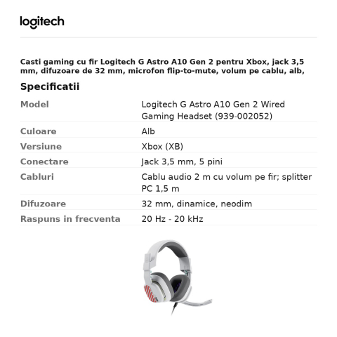 Casti gaming cu fir Logitech G Astro A10 Gen 2 pentru Xbox, jack 3,5 mm, difuzoare de 32 mm, microfon flip-to-mute, volum pe cablu, alb, 939-002052 [2]