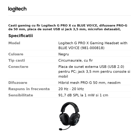 Casti gaming cu fir Logitech G PRO X cu BLUE VO!CE, difuzoare PRO-G de 50 mm, placa de sunet USB si jack 3,5 mm, microfon detasabil, negru, 981-000818 [2]