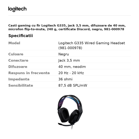 Casti gaming cu fir Logitech G335, jack 3,5 mm, difuzoare de 40 mm, microfon flip-to-mute, 240 g, certificate Discord, negru, 981-000978 [2]