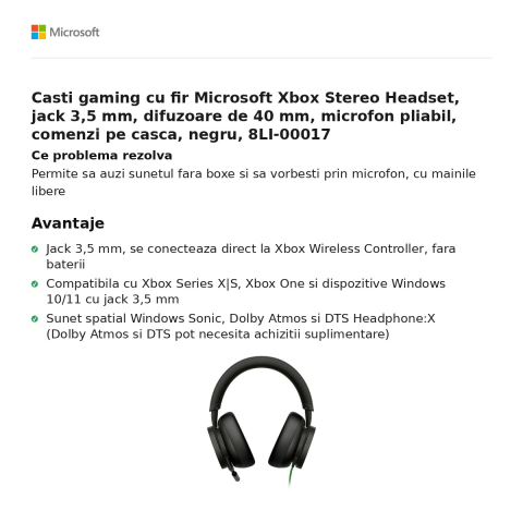 Casti gaming cu fir Microsoft Xbox Stereo Headset, jack 3,5 mm, difuzoare de 40 mm, microfon pliabil, comenzi pe casca, negru, 8LI-00017 [1]