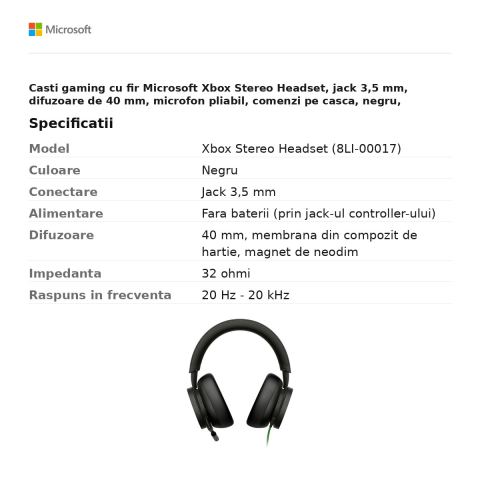 Casti gaming cu fir Microsoft Xbox Stereo Headset, jack 3,5 mm, difuzoare de 40 mm, microfon pliabil, comenzi pe casca, negru, 8LI-00017 [2]