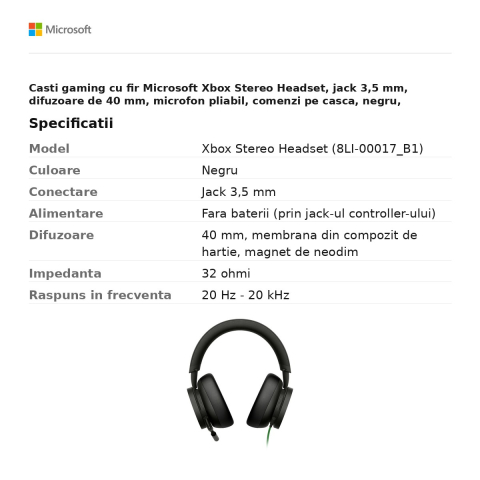 Casti gaming cu fir Microsoft Xbox Stereo Headset, jack 3,5 mm, difuzoare de 40 mm, microfon pliabil, comenzi pe casca, negru, 8LI-00017_B1 [2]