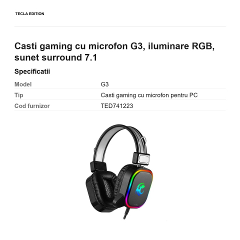 Casti gaming cu microfon G3, iluminare RGB, sunet surround 7.1 [2]