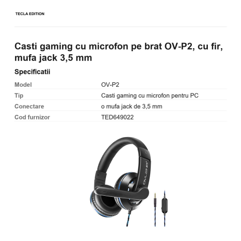 Casti gaming cu microfon pe brat OV-P2, cu fir, mufa jack 3,5 mm [2]