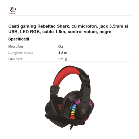 Casti gaming Rebeltec Shark, cu microfon, jack 3.5mm si USB, LED RGB, cablu 1.8m, control volum, negre [2]