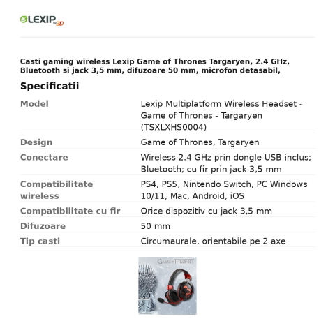 Casti gaming wireless Lexip Game of Thrones Targaryen, 2.4 GHz, Bluetooth si jack 3,5 mm, difuzoare 50 mm, microfon detasabil, autonomie 28 h, LED rosu, TSXLXHS0004 [2]