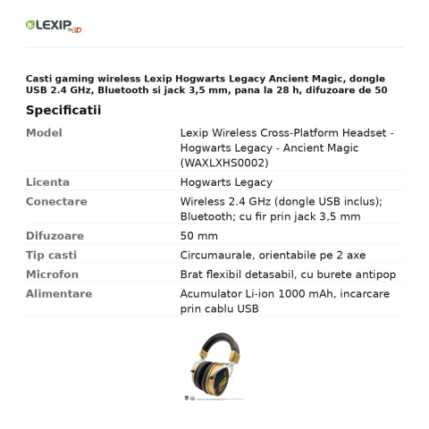 Casti gaming wireless Lexip Hogwarts Legacy Ancient Magic, dongle USB 2.4 GHz, Bluetooth si jack 3,5 mm, pana la 28 h, difuzoare de 50 mm, microfon detasabil, WAXLXHS0002 [2]