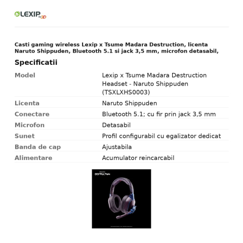 Casti gaming wireless Lexip x Tsume Madara Destruction, licenta Naruto Shippuden, Bluetooth 5.1 si jack 3,5 mm, microfon detasabil, serie limitata, TSXLXHS0003 [2]