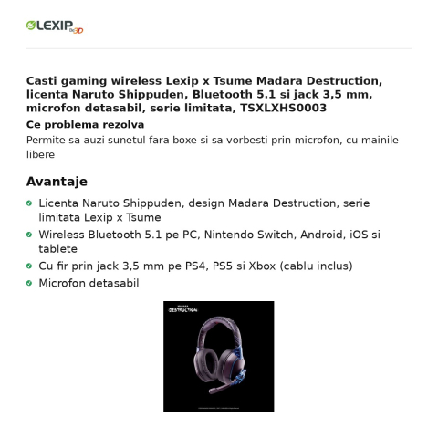 Casti gaming wireless Lexip x Tsume Madara Destruction, licenta Naruto Shippuden, Bluetooth 5.1 si jack 3,5 mm, microfon detasabil, serie limitata, TSXLXHS0003 [1]