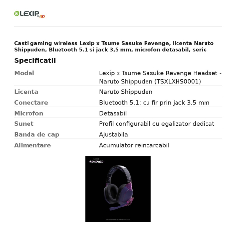 Casti gaming wireless Lexip x Tsume Sasuke Revenge, licenta Naruto Shippuden, Bluetooth 5.1 si jack 3,5 mm, microfon detasabil, serie limitata, TSXLXHS0001 [2]
