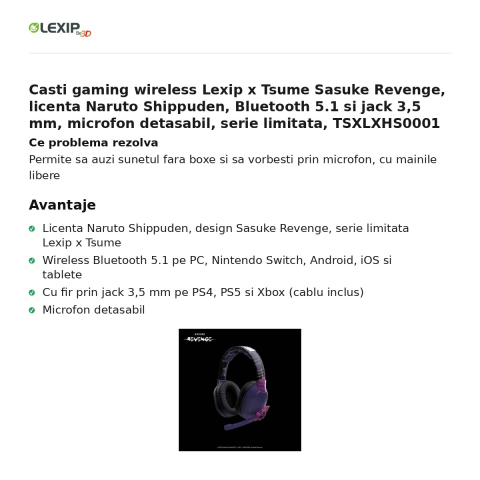 Casti gaming wireless Lexip x Tsume Sasuke Revenge, licenta Naruto Shippuden, Bluetooth 5.1 si jack 3,5 mm, microfon detasabil, serie limitata, TSXLXHS0001 [1]