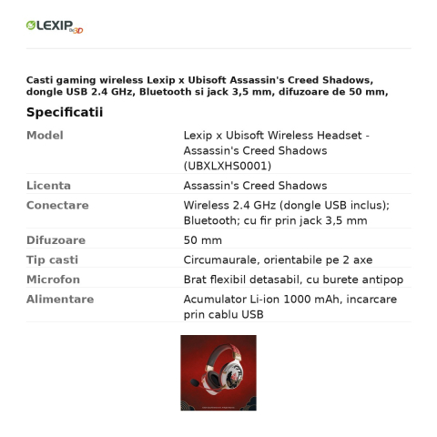 Casti gaming wireless Lexip x Ubisoft Assassin's Creed Shadows, dongle USB 2.4 GHz, Bluetooth si jack 3,5 mm, difuzoare de 50 mm, microfon detasabil, UBXLXHS0001 [2]