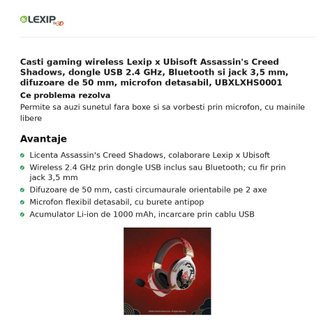 Casti gaming wireless Lexip x Ubisoft Assassin's Creed Shadows, dongle USB 2.4 GHz, Bluetooth si jack 3,5 mm, difuzoare de 50 mm, microfon detasabil, UBXLXHS0001 [1]