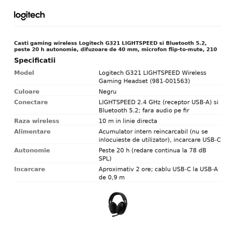 Casti gaming wireless Logitech G321 LIGHTSPEED si Bluetooth 5.2, peste 20 h autonomie, difuzoare de 40 mm, microfon flip-to-mute, 210 g, negru, 981-001563 [2]