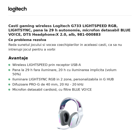 Casti gaming wireless Logitech G733 LIGHTSPEED RGB, LIGHTSYNC, pana la 29 h autonomie, microfon detasabil BLUE VO!CE, DTS Headphone:X 2.0, alb, 981-000883 [1]