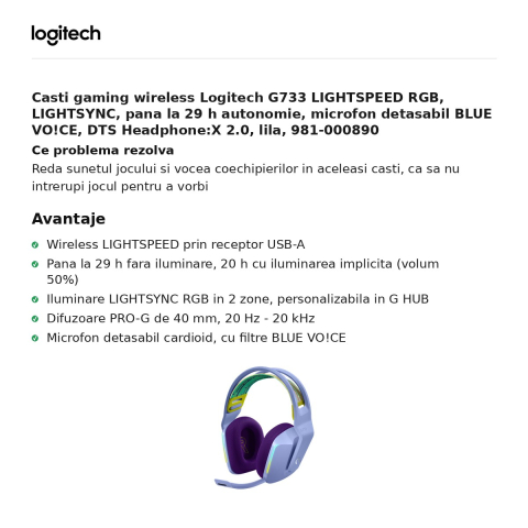 Casti gaming wireless Logitech G733 LIGHTSPEED RGB, LIGHTSYNC, pana la 29 h autonomie, microfon detasabil BLUE VO!CE, DTS Headphone:X 2.0, lila, 981-000890 [1]