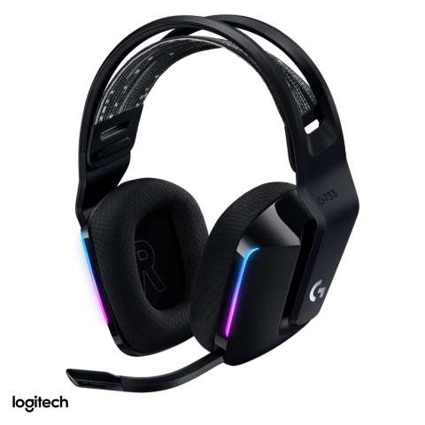 Casti Gaming - Casti gaming wireless Logitech G733 LIGHTSPEED RGB, LIGHTSYNC, pana la 29 h autonomie, microfon detasabil BLUE VO!CE, DTS Headphone:X 2.0, negru, 981-000864
