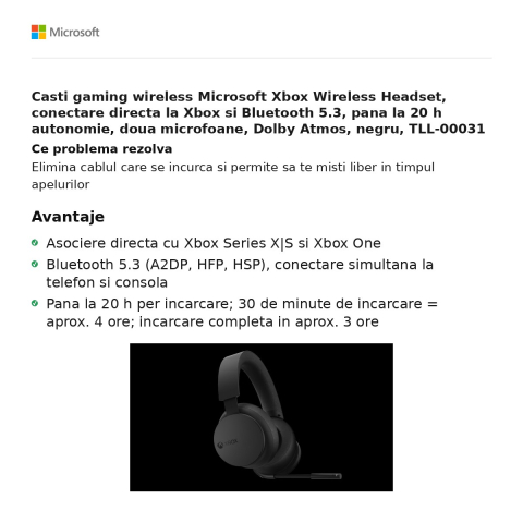 Casti gaming wireless Microsoft Xbox Wireless Headset, conectare directa la Xbox si Bluetooth 5.3, pana la 20 h autonomie, doua microfoane, Dolby Atmos, negru, TLL-00031 [1]