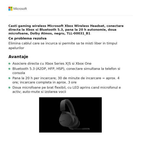 Casti gaming wireless Microsoft Xbox Wireless Headset, conectare directa la Xbox si Bluetooth 5.3, pana la 20 h autonomie, doua microfoane, Dolby Atmos, negru, TLL-00031_B1 [1]