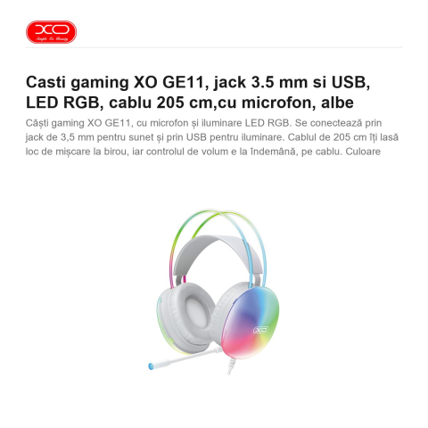 Casti gaming XO GE11, jack 3.5 mm si USB, LED RGB, cablu 205 cm,cu microfon, albe [1]