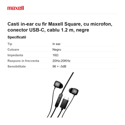 Casti in-ear cu fir Maxell Square, cu microfon, conector USB-C, cablu 1.2 m, negre [2]