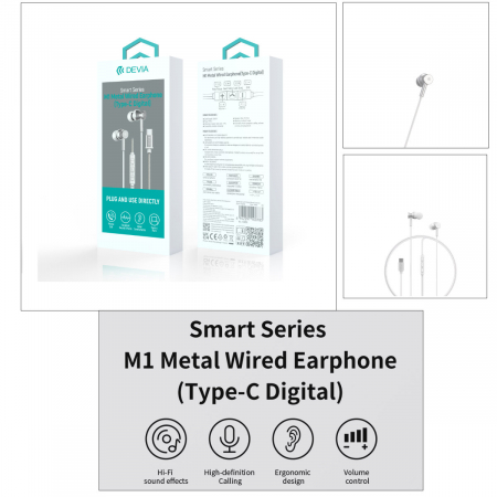 Casti in-ear cu microfon, cablu 120cm si conector USB Tip C, Smart M1 Metal Silver, control pe fir, decodare digitala, pentru smartphone, argintii [4]