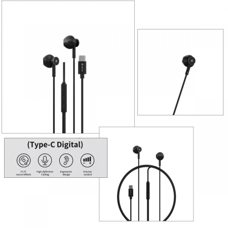 Casti in-ear cu microfon, cablu 120cm si conector USB Tip C, Smart M2 Digital Metal, control pe fir, decodare digitala, pentru smartphone, negre [3]