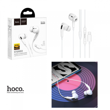 Casti in-ear cu microfon, HOCO M1 PRO, pentru smartphone, conector Lightning, control pe fir, cablu 115 cm, albe [2]