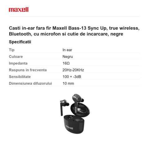 Casti in-ear fara fir Maxell Bass-13 Sync Up, true wireless, Bluetooth, cu microfon si cutie de incarcare, negre [2]
