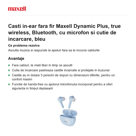 Casti in-ear fara fir Maxell Dynamic Plus, true wireless, Bluetooth, cu microfon si cutie de incarcare, bleu [1]