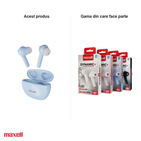 Casti in-ear fara fir Maxell Dynamic Plus, true wireless, Bluetooth, cu microfon si cutie de incarcare, bleu [4]