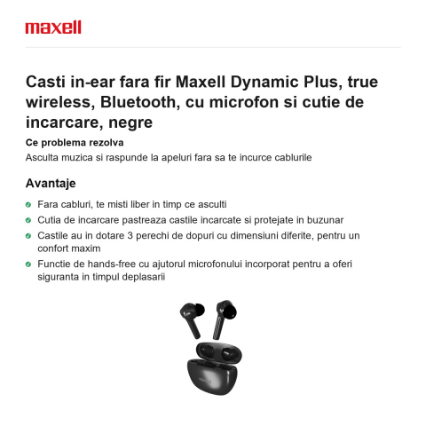 Casti in-ear fara fir Maxell Dynamic Plus, true wireless, Bluetooth, cu microfon si cutie de incarcare, negre [1]