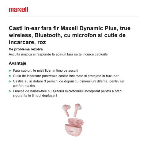 Casti in-ear fara fir Maxell Dynamic Plus, true wireless, Bluetooth, cu microfon si cutie de incarcare, roz [1]