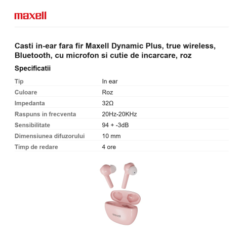 Casti in-ear fara fir Maxell Dynamic Plus, true wireless, Bluetooth, cu microfon si cutie de incarcare, roz [2]