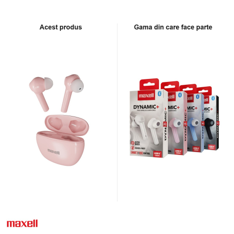 Casti in-ear fara fir Maxell Dynamic Plus, true wireless, Bluetooth, cu microfon si cutie de incarcare, roz [4]