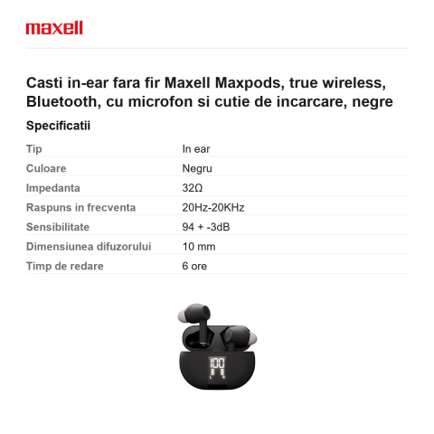 Casti in-ear fara fir Maxell Maxpods, true wireless, Bluetooth, cu microfon si cutie de incarcare, negre [2]