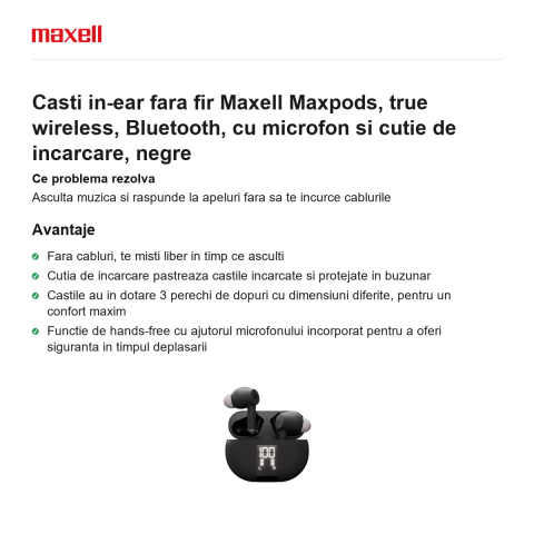 Casti in-ear fara fir Maxell Maxpods, true wireless, Bluetooth, cu microfon si cutie de incarcare, negre [1]