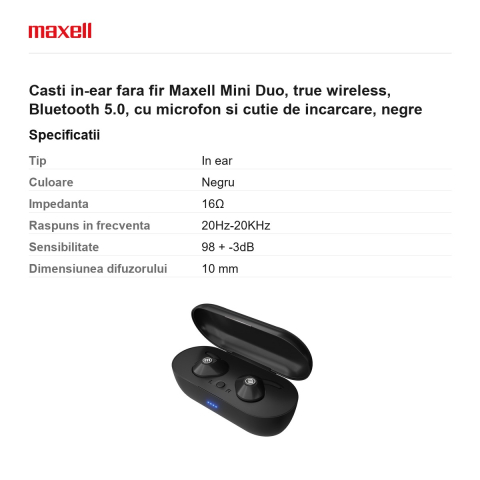 Casti in-ear fara fir Maxell Mini Duo, true wireless, Bluetooth 5.0, cu microfon si cutie de incarcare, negre [2]