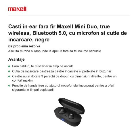 Casti in-ear fara fir Maxell Mini Duo, true wireless, Bluetooth 5.0, cu microfon si cutie de incarcare, negre [1]