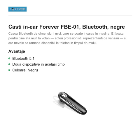 Casti in-ear Forever FBE-01, Bluetooth, negre [1]