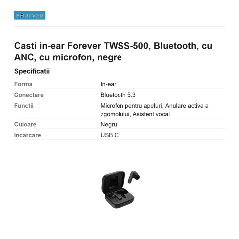 Casti in-ear Forever TWSS-500, Bluetooth, cu ANC, cu microfon, negre [2]