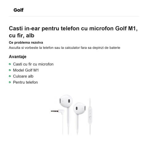 Casti in-ear pentru telefon cu microfon Golf M1, cu fir, alb [1]