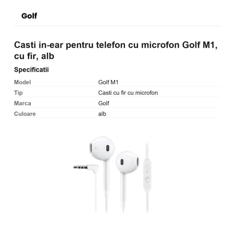 Casti in-ear pentru telefon cu microfon Golf M1, cu fir, alb [2]