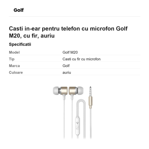 Casti in-ear pentru telefon cu microfon Golf M20, cu fir, auriu [2]