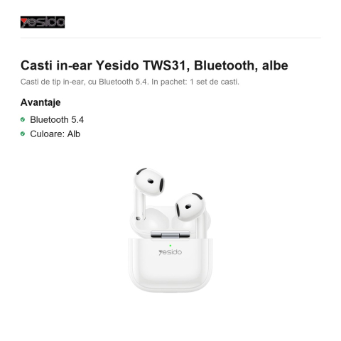 Casti in-ear Yesido TWS31, Bluetooth, albe [1]