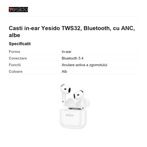Casti in-ear Yesido TWS32, Bluetooth, cu ANC, albe [2]