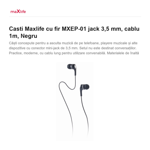 Casti Maxlife cu fir MXEP-01 jack 3,5 mm, cablu 1m, Negru [1]