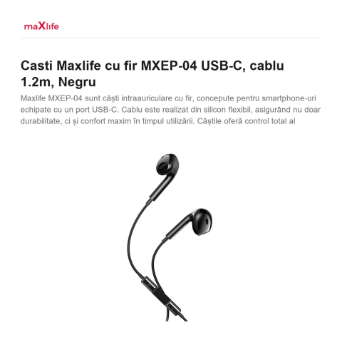 Casti Maxlife cu fir MXEP-04 USB-C, cablu 1.2m, Negru [1]
