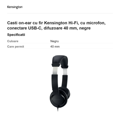 Casti on-ear cu fir Kensington Hi-Fi, cu microfon, conectare USB-C, difuzoare 40 mm, negre [2]