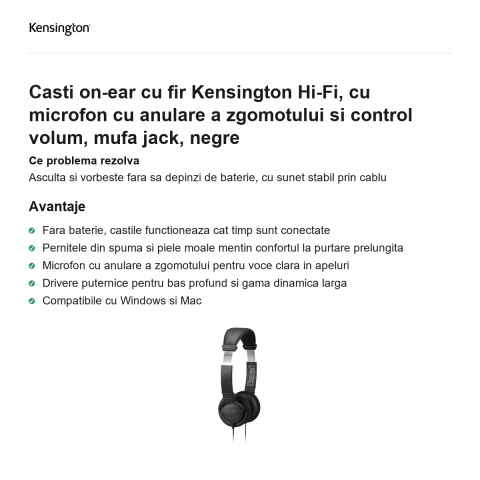 Casti on-ear cu fir Kensington Hi-Fi, cu microfon cu anulare a zgomotului si control volum, mufa jack, negre [1]